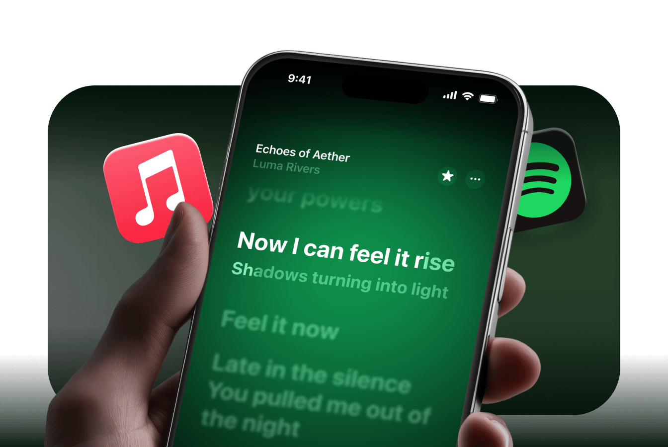 Hand holding iPhone showing live lyrics with ad-free Apple Music badge