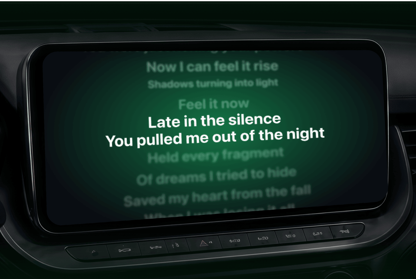 CarPlay screen showing time-coded karaoke lyrics window