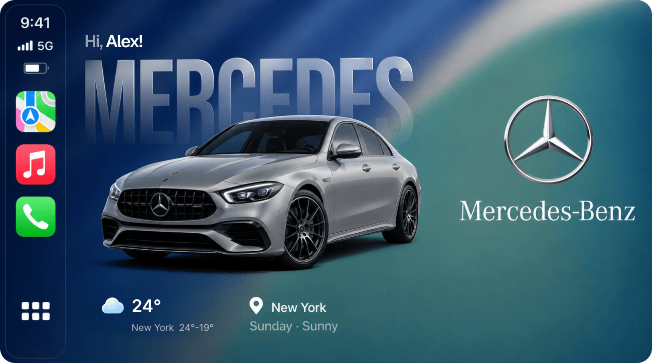 CarPlay screen in a Mercedes-Benz showing the car brand wallpaper, weather 24°, New York location