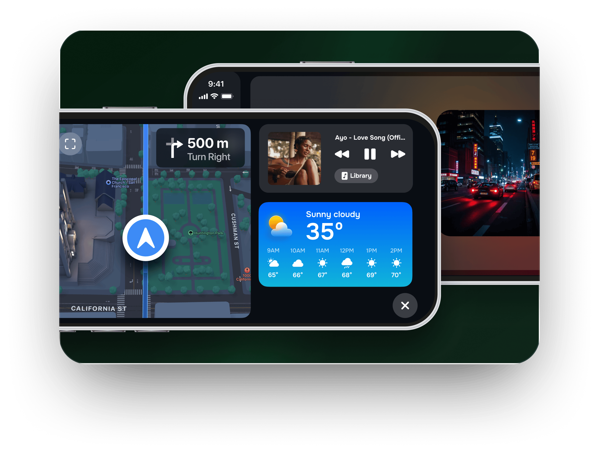Two iPhones in Mount Mode — map with weather, music player