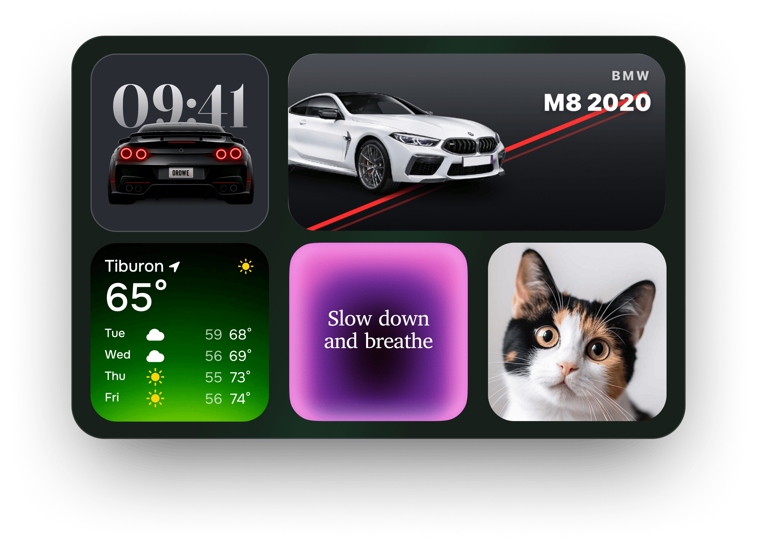 CarPlay widget collage — clock, BMW M8 2020, weather, lyrics, cat